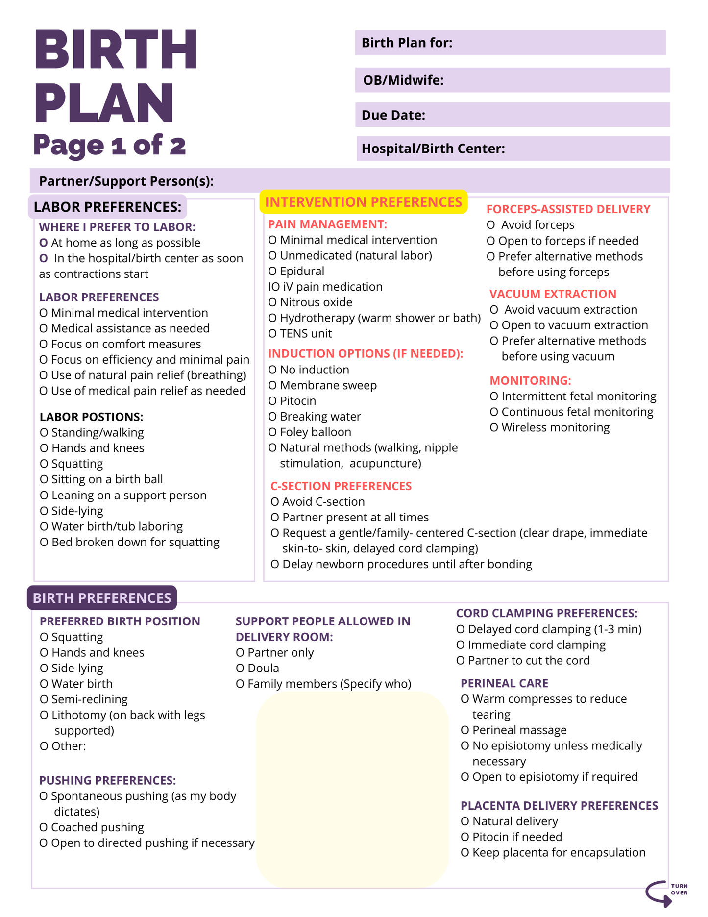 Comprehensive Birth Plan Template – Fillable & Downloadable PDF