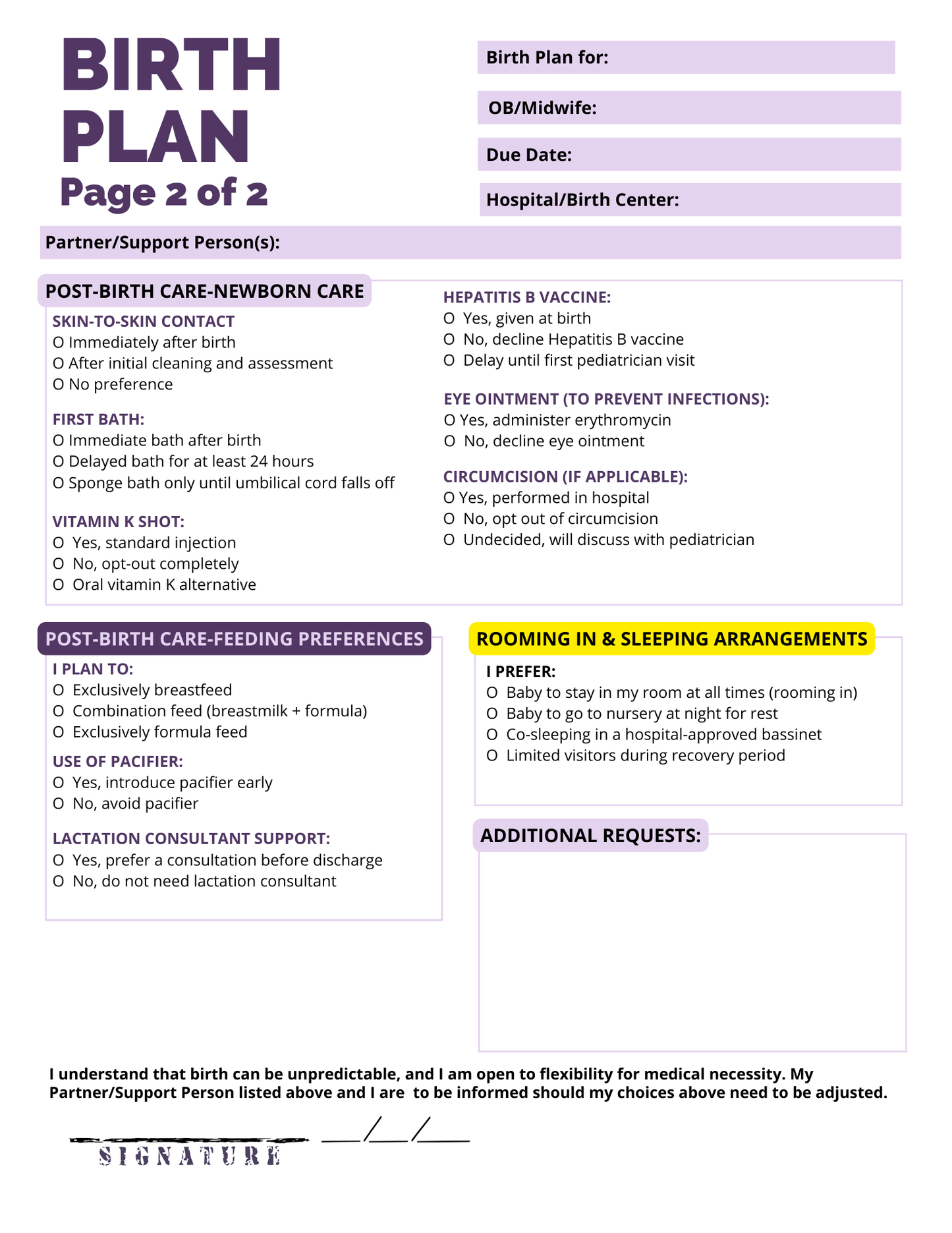 Comprehensive Birth Plan Template – Fillable & Downloadable PDF